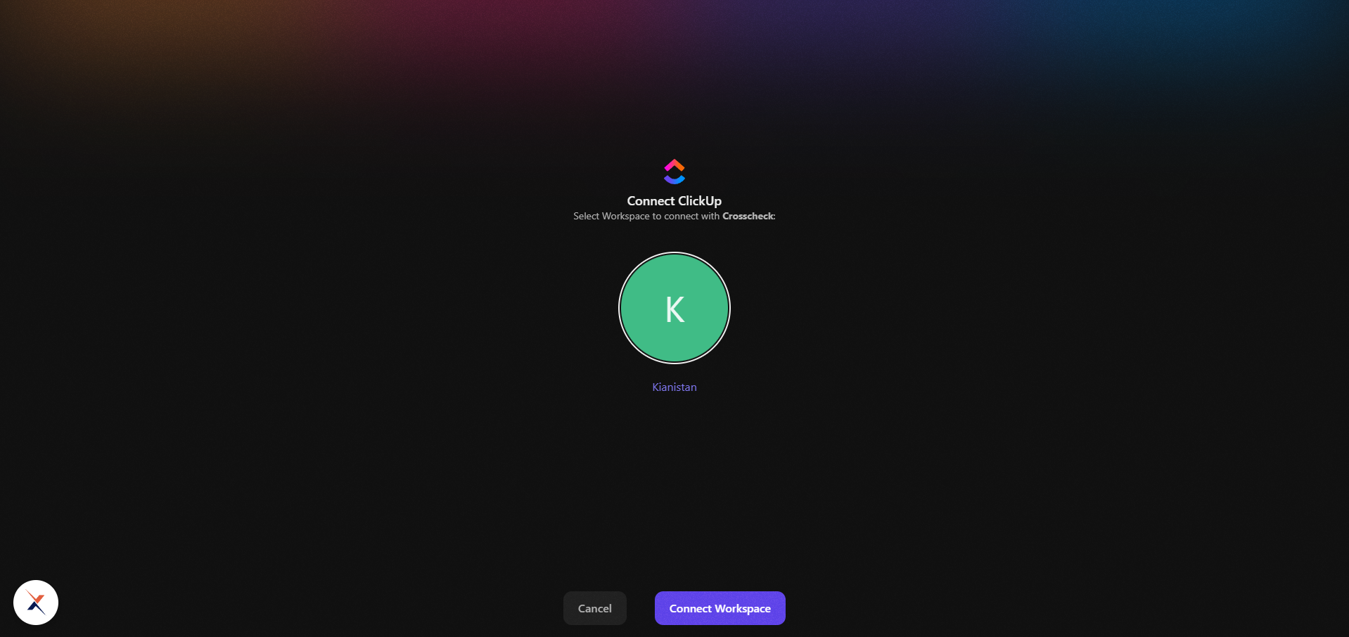 ClickUp workspace selected with the Connect Workspace button enabled