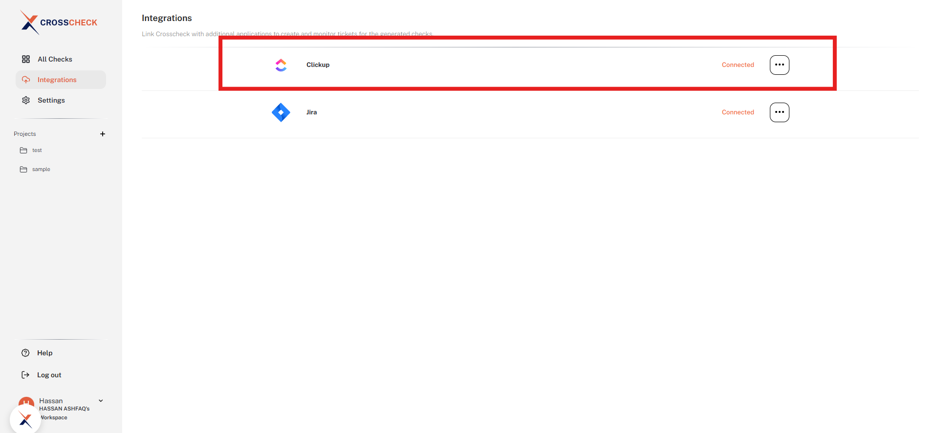 Integrations page showing ClickUp as Connected with a kebab menu