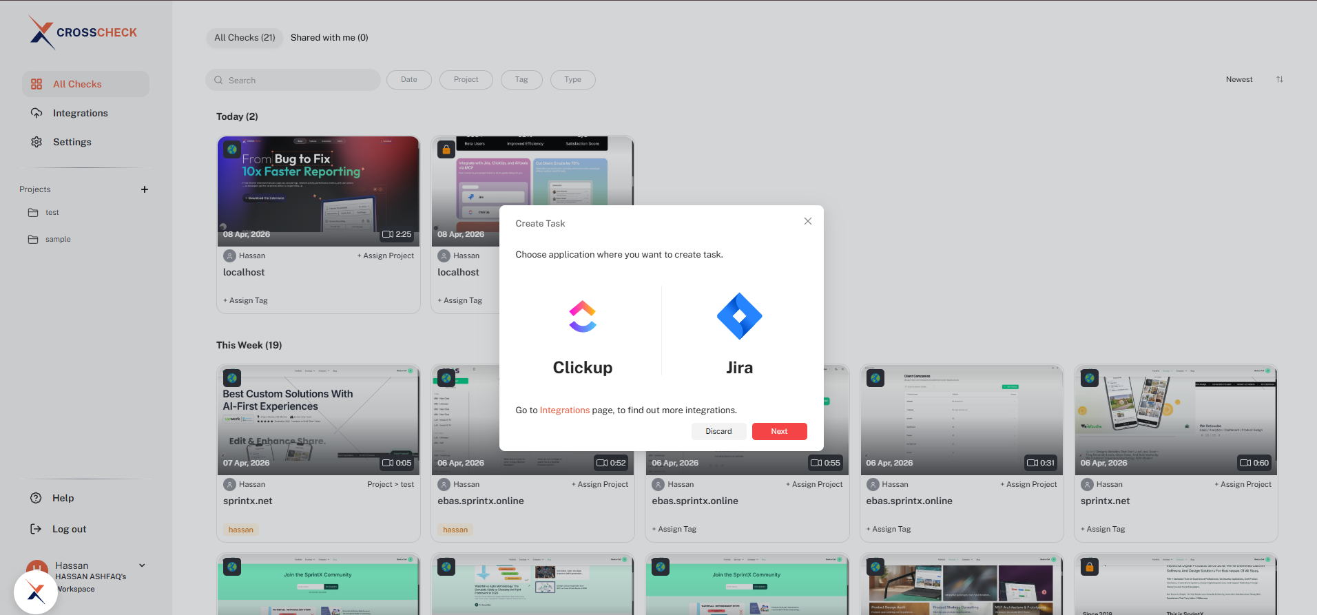 Create Task dialog showing ClickUp and Jira as target applications