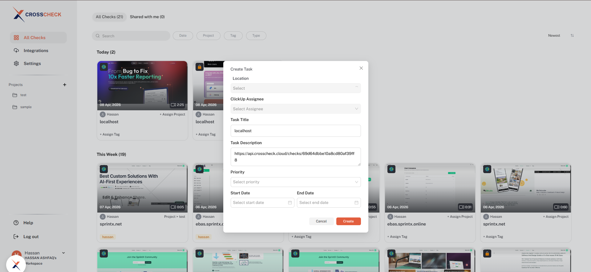 Empty Create Task form for ClickUp showing all available fields