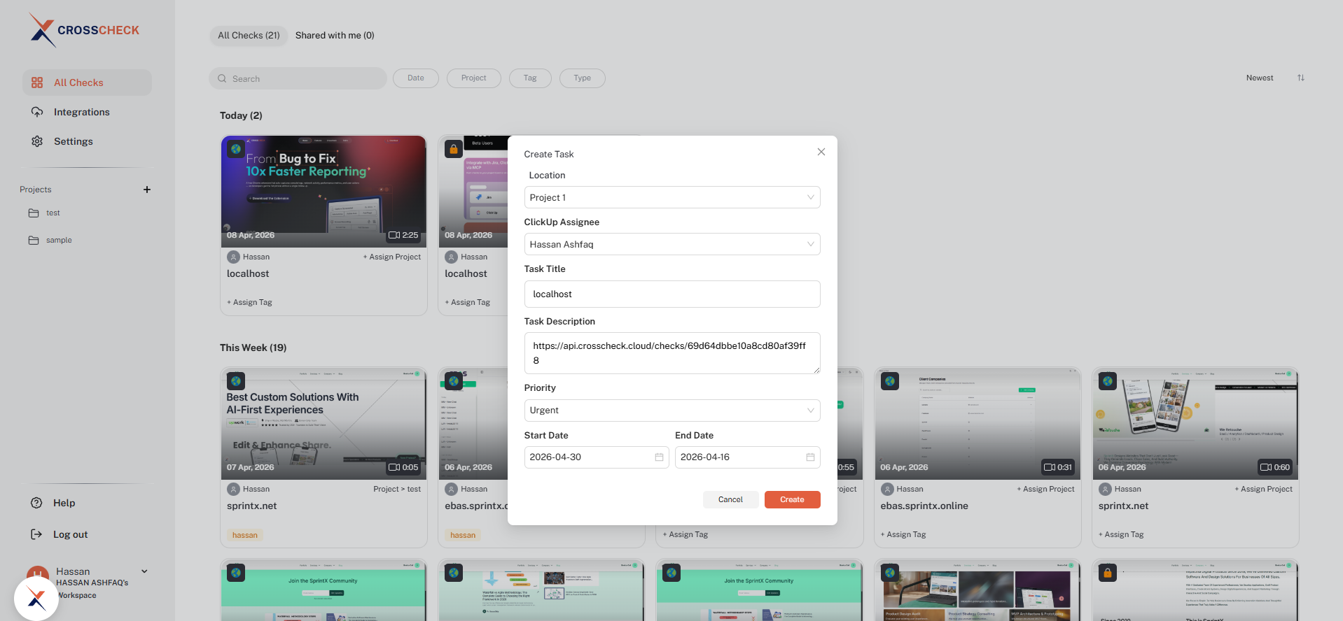 Completed Create Task form with location, assignee, priority, and dates filled in