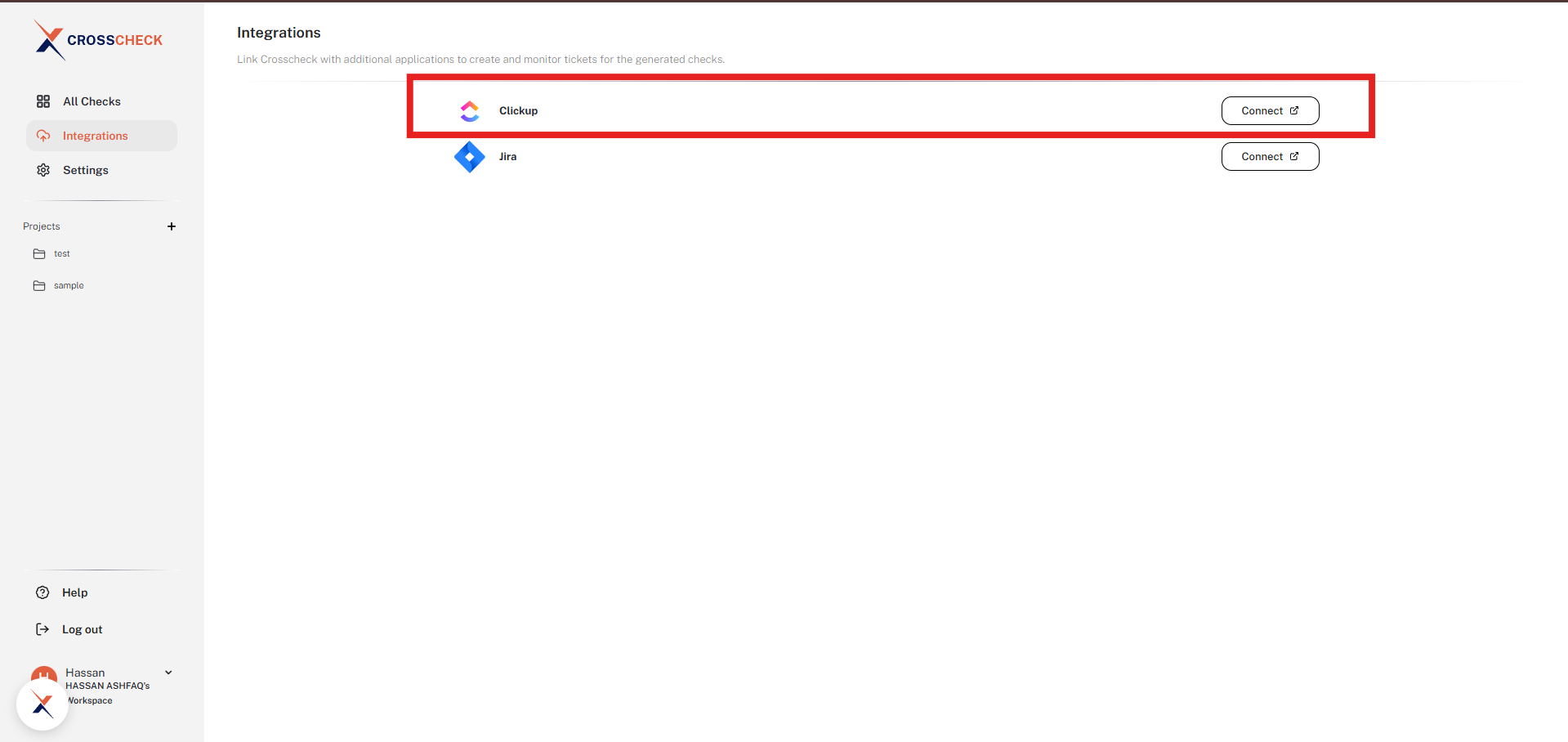 ClickUp row with the Connect button on the Integrations page
