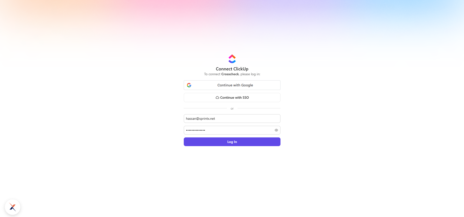 ClickUp login screen prompting the user to connect to Crosscheck