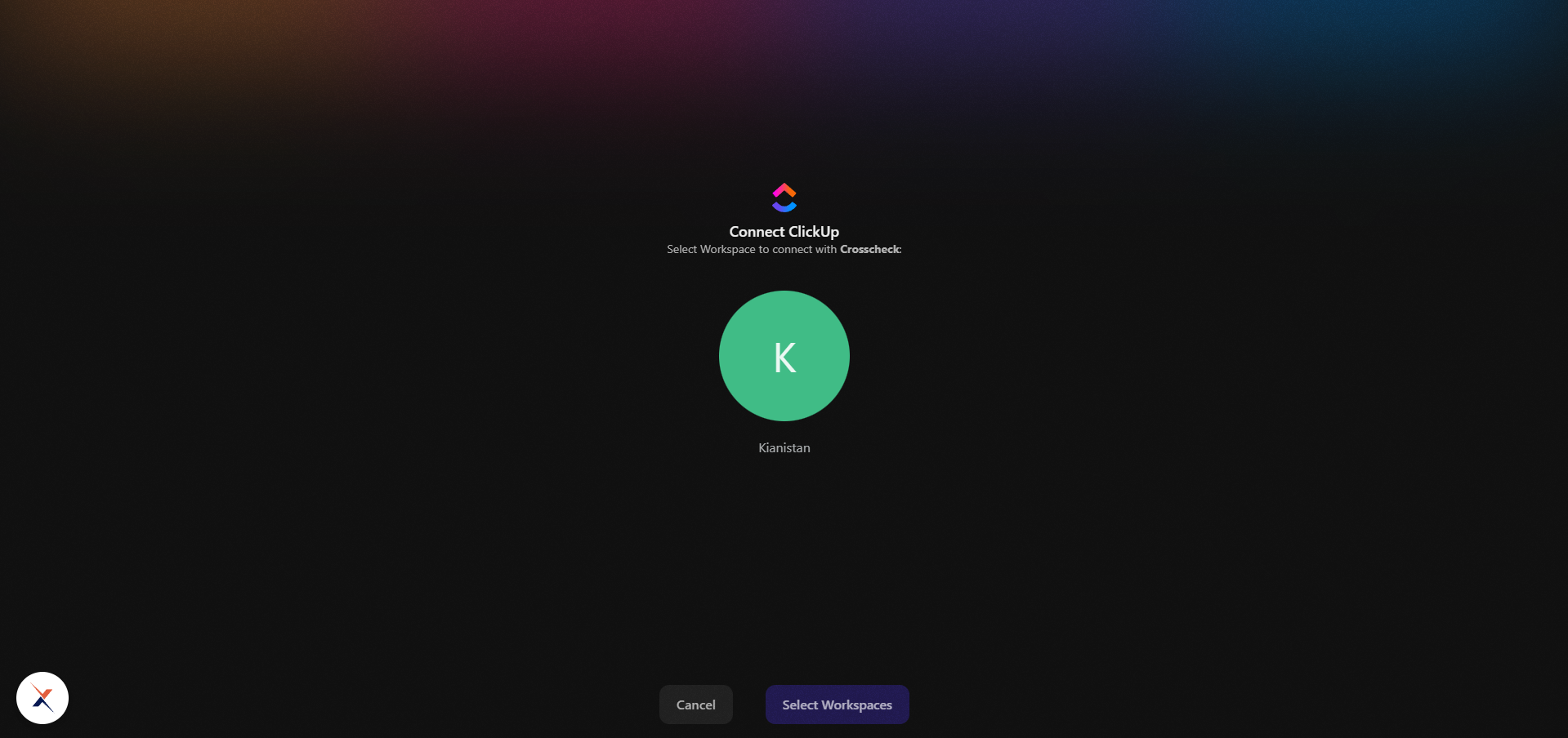 ClickUp workspace selection screen with one workspace listed