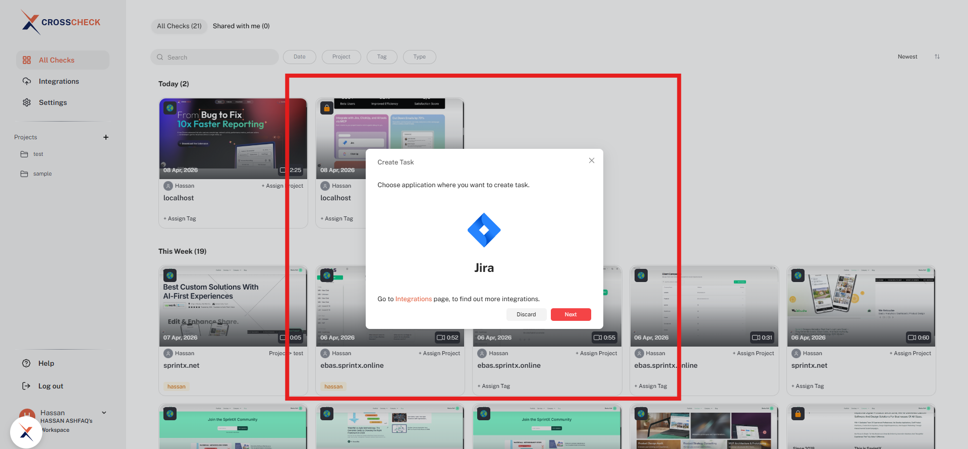 Create Task dialog with Jira selected as the target application