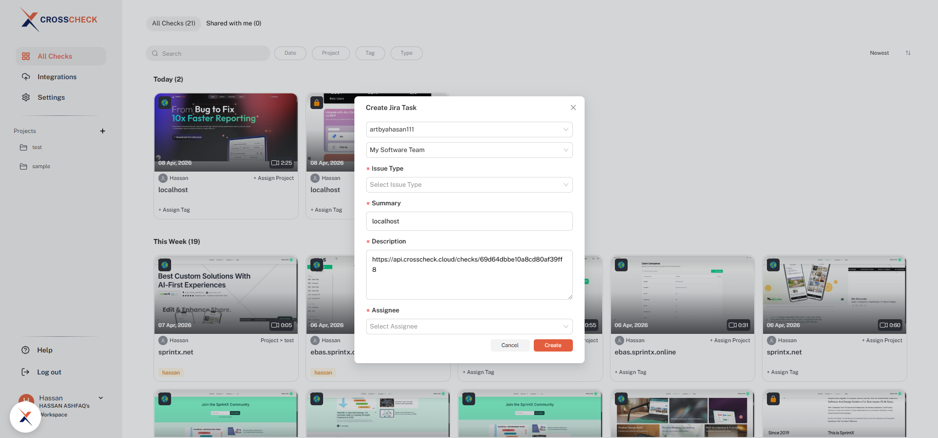 Completed Create Jira Task form with all fields filled in