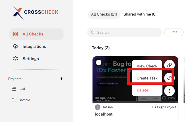Create Task option highlighted in the check actions menu