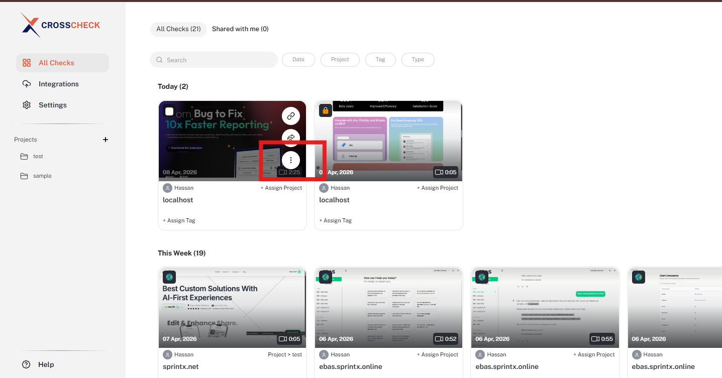 Kebab menu icon highlighted on a check thumbnail in the grid view