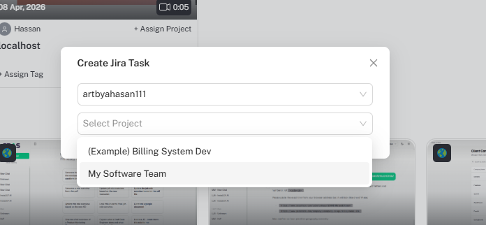 Project dropdown showing available Jira projects