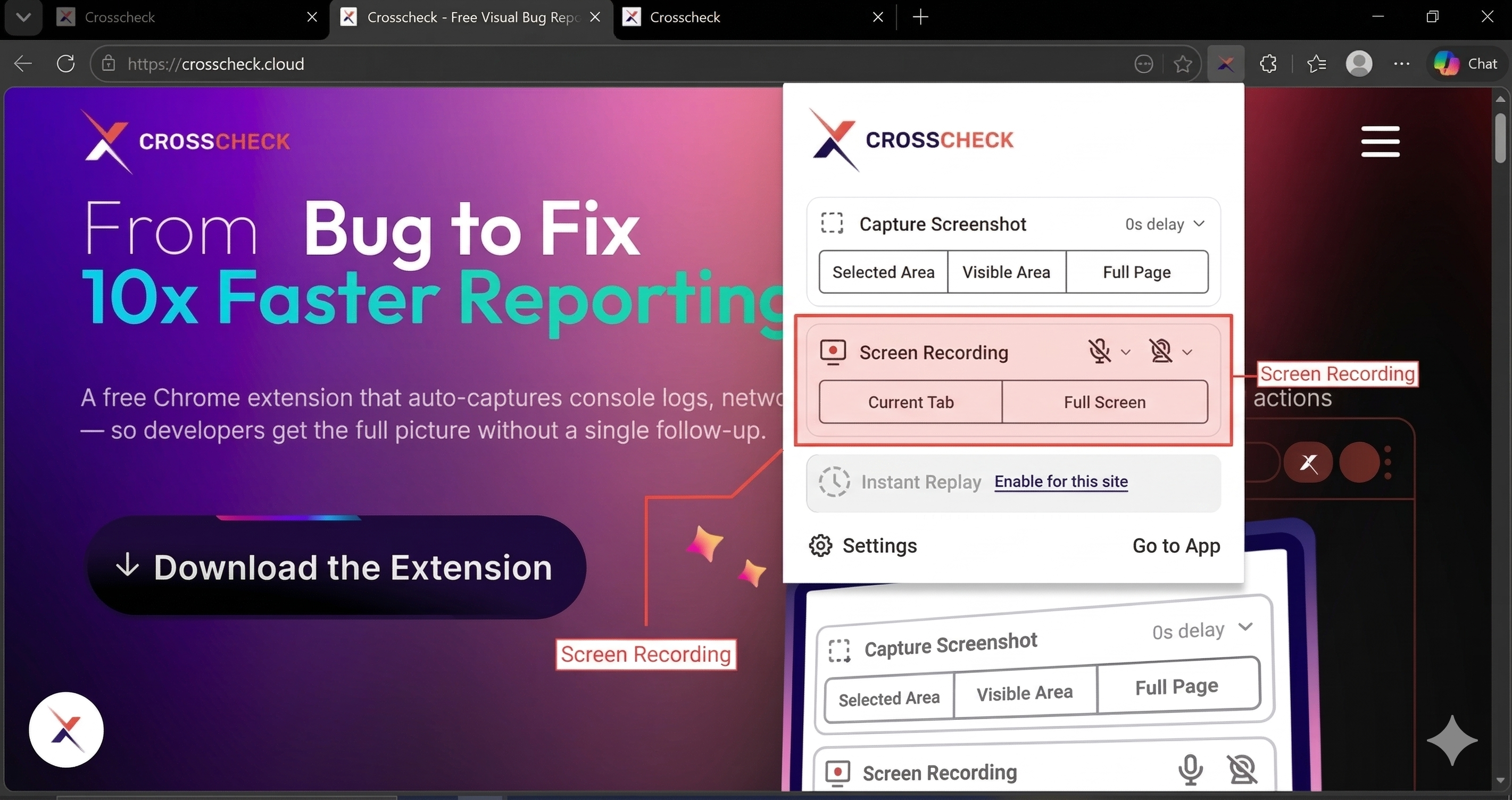 Crosscheck extension popup with Screen Recording options