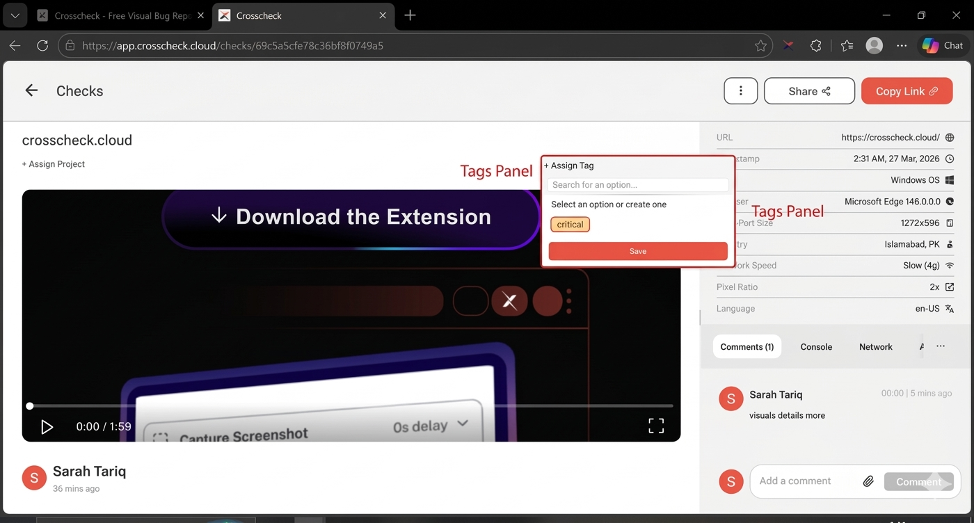 Tag picker popover with search field, existing tags list, and Save button